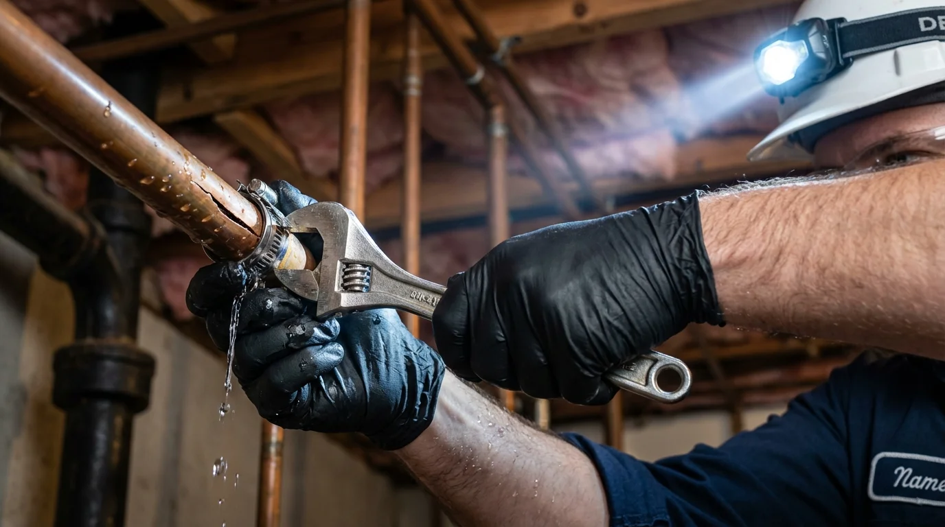 Emergency pipe clamp repair being performed by a Johns Plumbing LLC plumber in Center