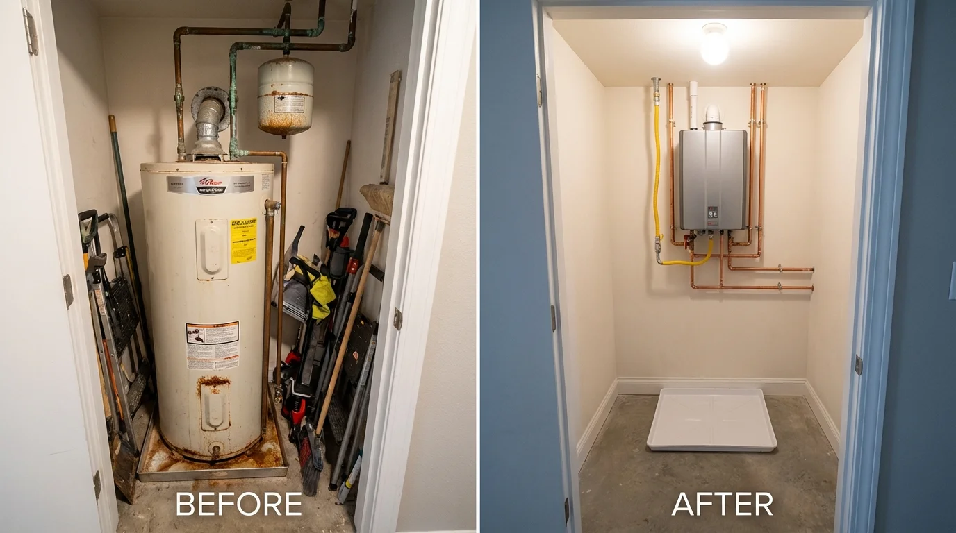 Tank water heater versus wall-mounted tankless unit comparison for Center, NE homeowners