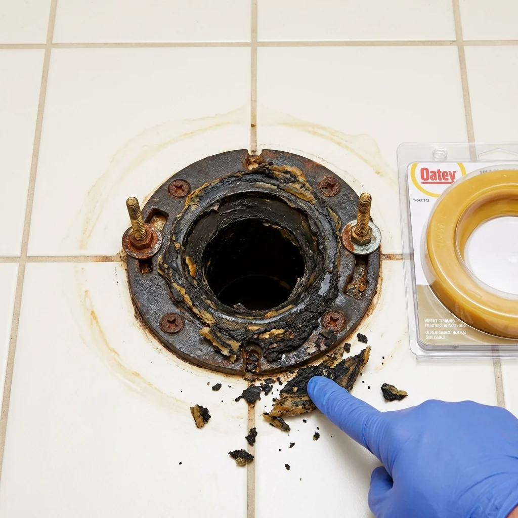 Failed wax ring showing water seepage at the base of a toilet in a Center, NE home