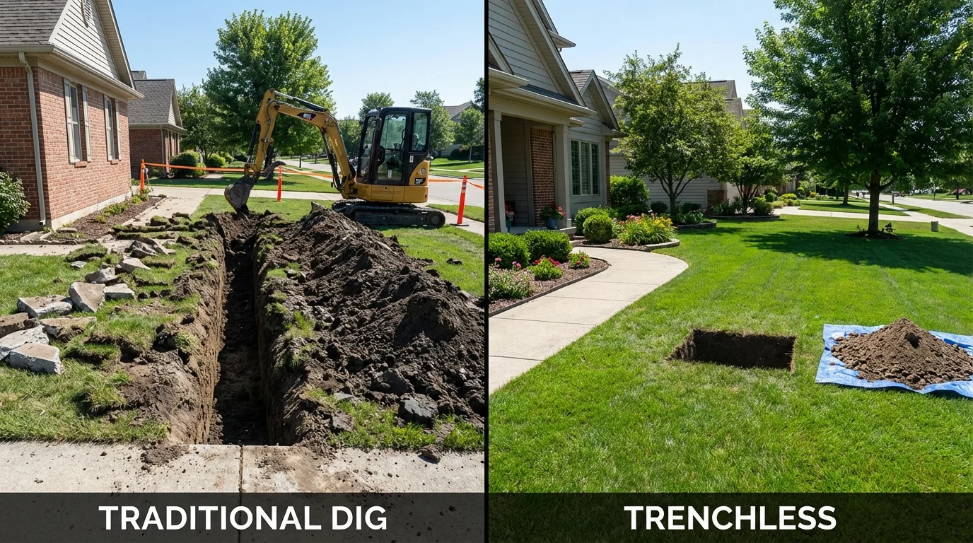 Trenchless sewer repair with minimal yard damage versus traditional excavation in Center, NE